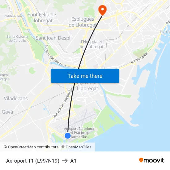 Aeroport T1 to A1 map