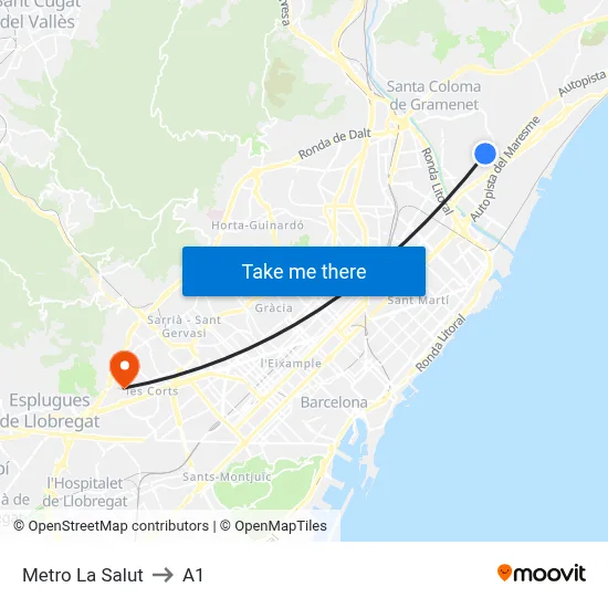 Metro La Salut to A1 map