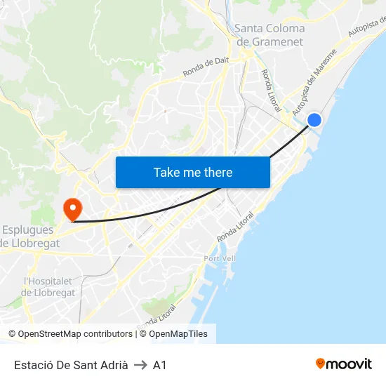 Estació De Sant Adrià to A1 map