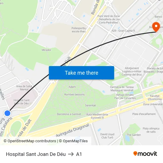 Hospital Sant Joan De Déu to A1 map