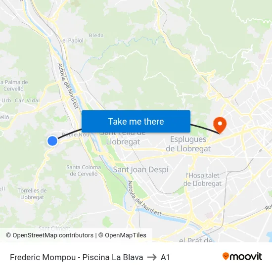 Frederic Mompou - Piscina La Blava to A1 map