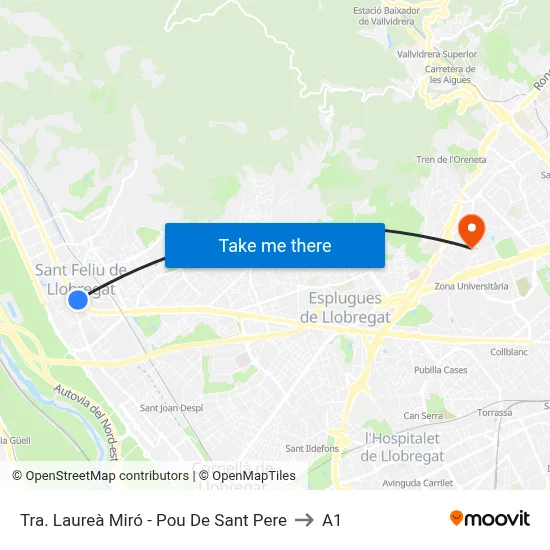 Tra. Laureà Miró - Pou De Sant Pere to A1 map