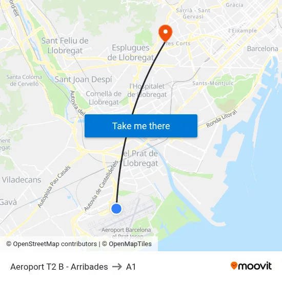 Aeroport T2 B - Arribades to A1 map