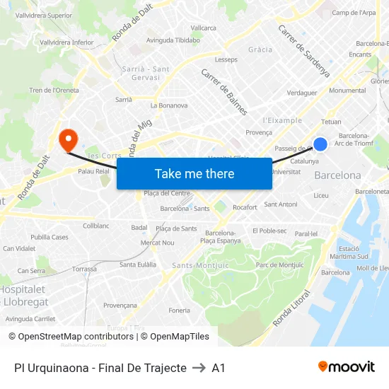 Pl Urquinaona - Final De Trajecte to A1 map