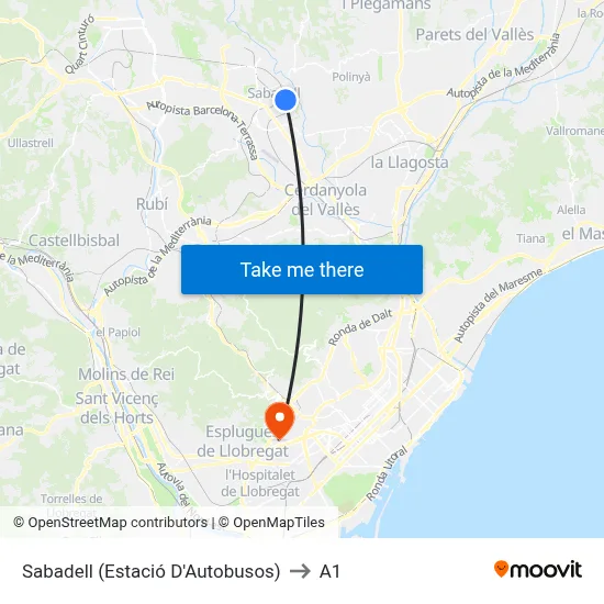 Sabadell (Estació D'Autobusos) to A1 map