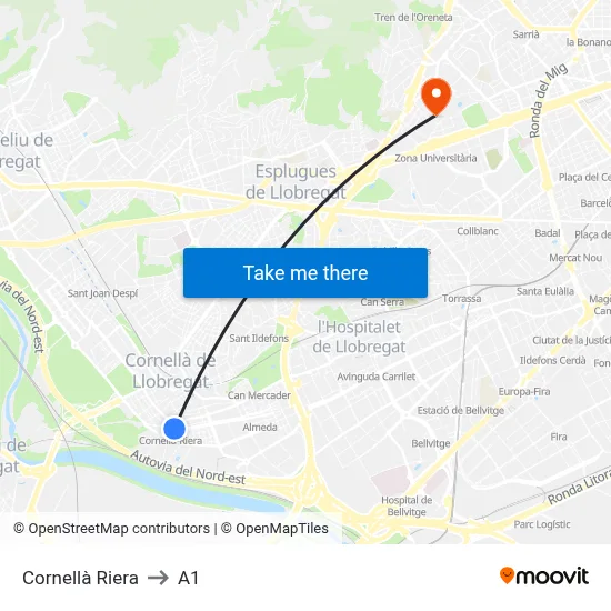 Cornellà Riera to A1 map