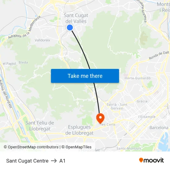 Sant Cugat Centre to A1 map
