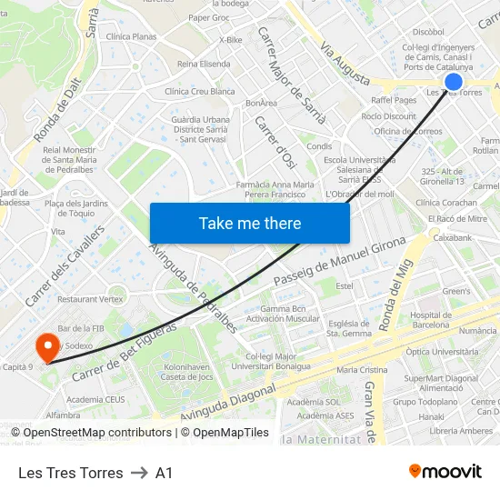Les Tres Torres to A1 map