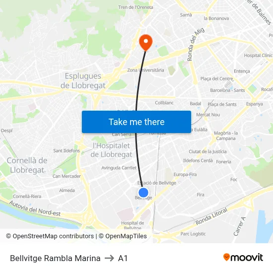 Bellvitge Rambla Marina to A1 map