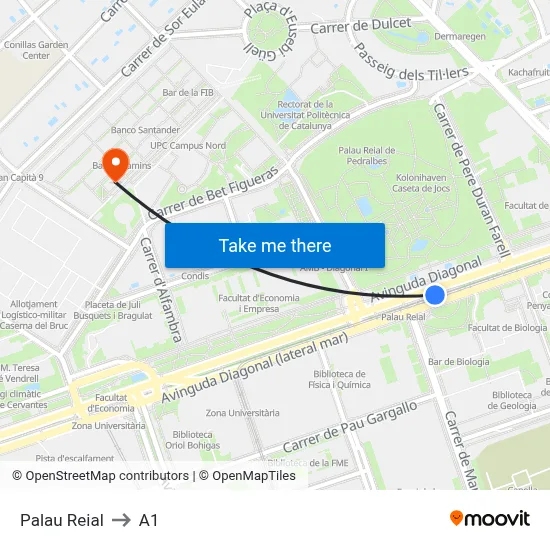 Palau Reial to A1 map