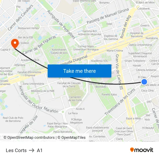 Les Corts to A1 map