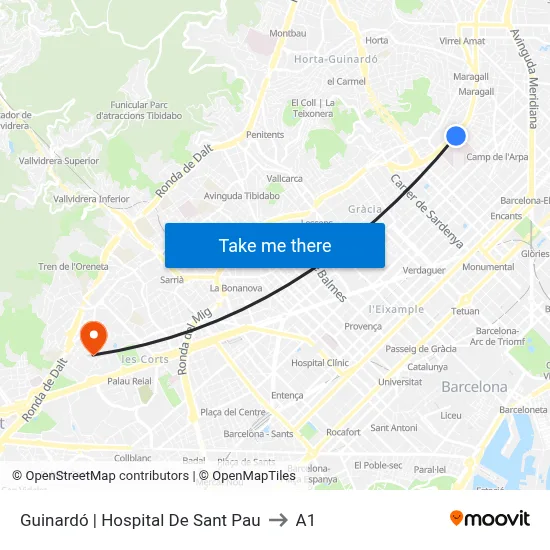 Guinardó | Hospital De Sant Pau to A1 map