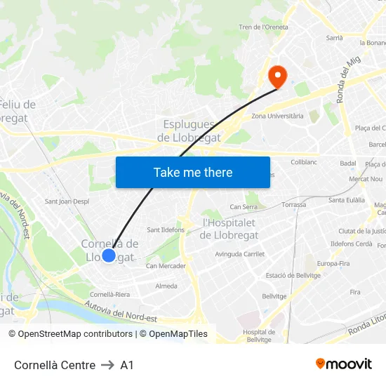 Cornellà Centre to A1 map