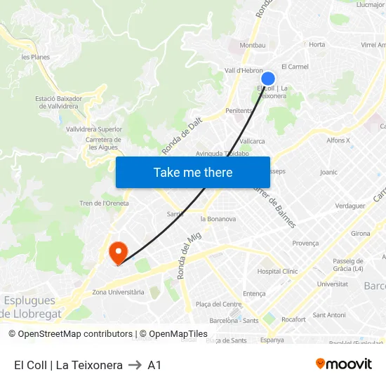 El Coll | La Teixonera to A1 map