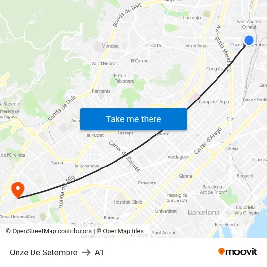 Onze De Setembre to A1 map