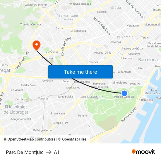 Parc De Montjuïc to A1 map
