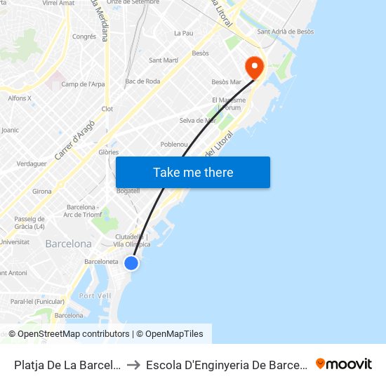 Platja De La Barceloneta to Escola D'Enginyeria De Barcelona Est map