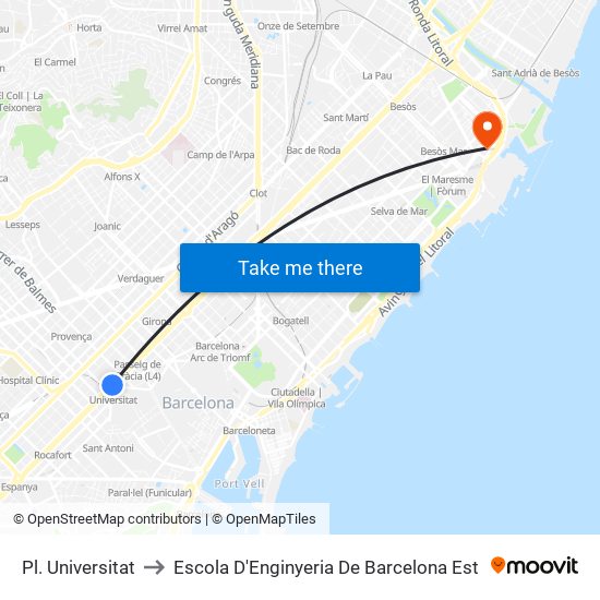 Pl. Universitat to Escola D'Enginyeria De Barcelona Est map