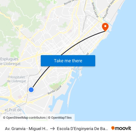 Av. Granvia - Miguel Hernández to Escola D'Enginyeria De Barcelona Est map