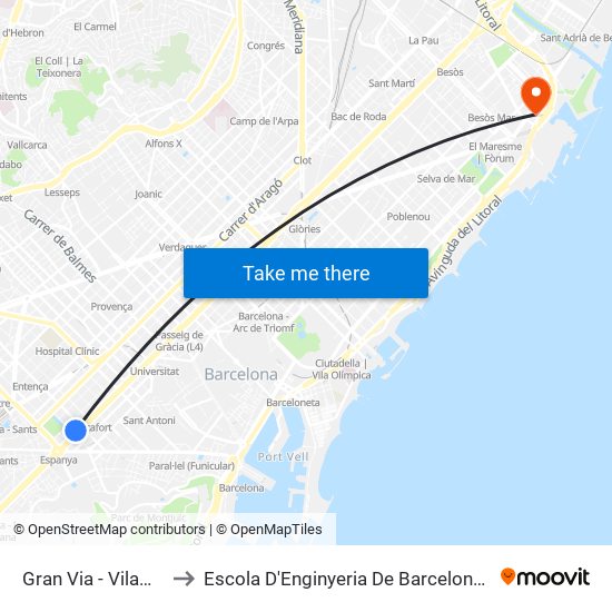Gran Via - Vilamarí to Escola D'Enginyeria De Barcelona Est map