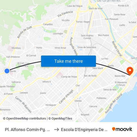 Pl. Alfonso Comín-Pg. Vall D'Hebron to Escola D'Enginyeria De Barcelona Est map