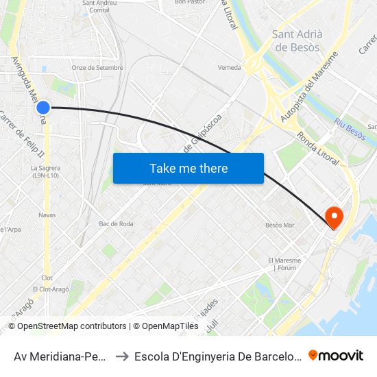 Av Meridiana-Pegaso to Escola D'Enginyeria De Barcelona Est map