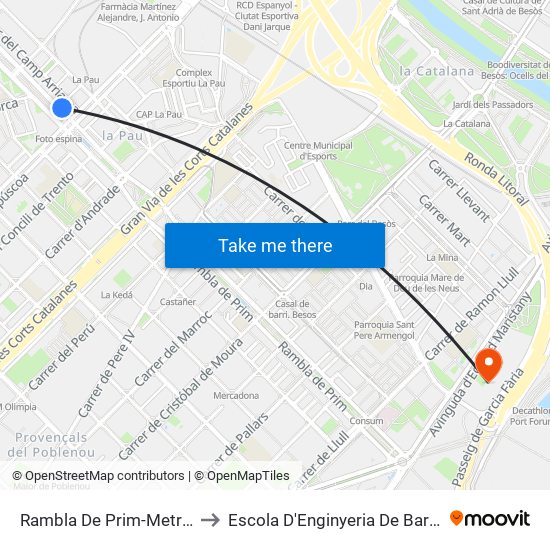 Rambla De Prim-Metro La Pau to Escola D'Enginyeria De Barcelona Est map