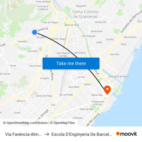 Via Favència-Almansa to Escola D'Enginyeria De Barcelona Est map