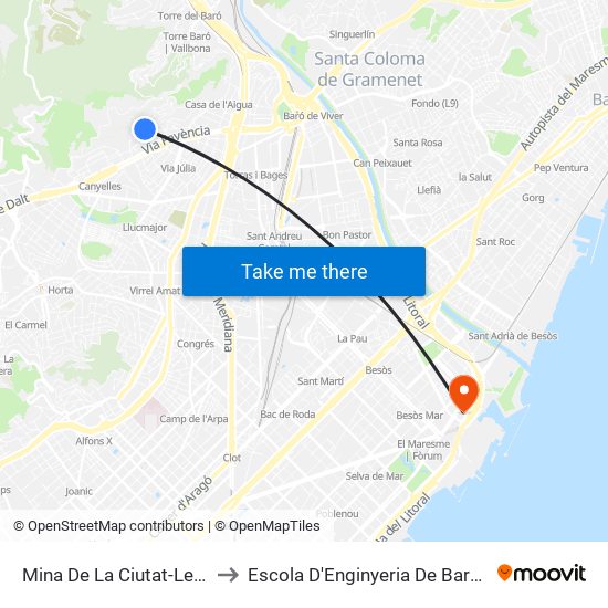 Mina De La Ciutat-Les Torres to Escola D'Enginyeria De Barcelona Est map