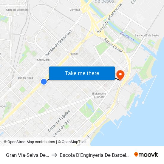 Gran Via-Selva De Mar to Escola D'Enginyeria De Barcelona Est map