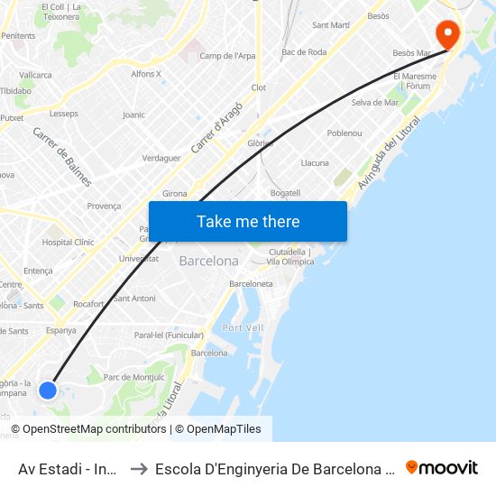 Av Estadi - Inefc to Escola D'Enginyeria De Barcelona Est map