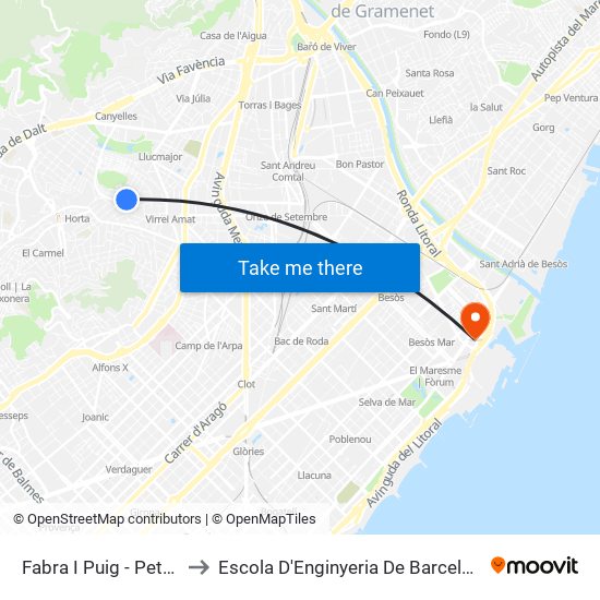 Fabra I Puig - Petrarca to Escola D'Enginyeria De Barcelona Est map