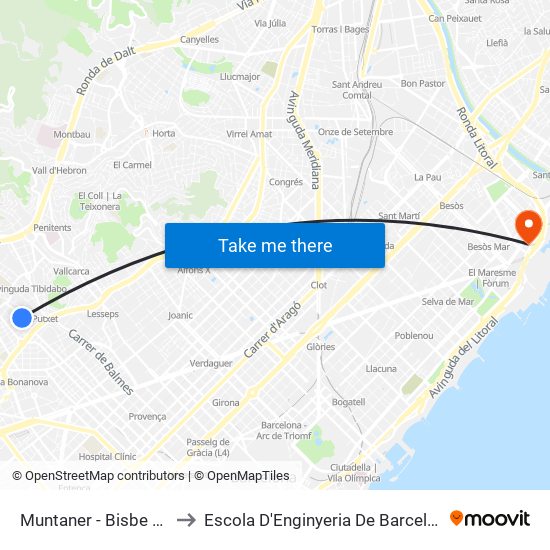 Muntaner - Bisbe Sivilla to Escola D'Enginyeria De Barcelona Est map