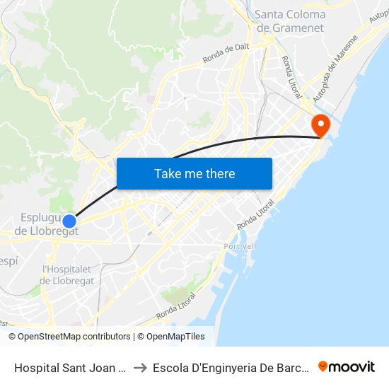 Hospital Sant Joan De Déu to Escola D'Enginyeria De Barcelona Est map