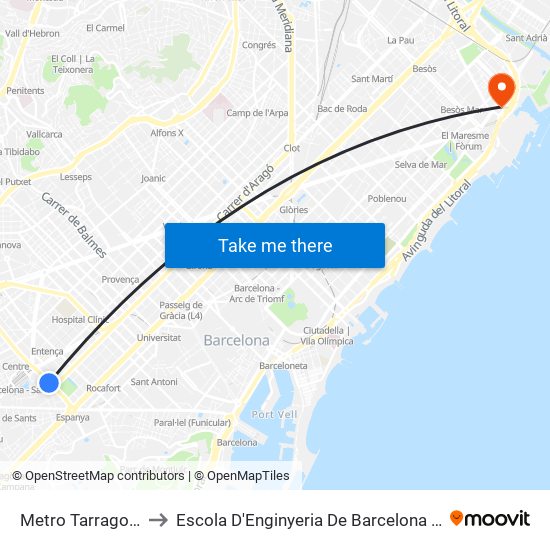 Metro Tarragona to Escola D'Enginyeria De Barcelona Est map