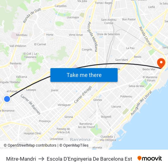 Mitre-Mandri to Escola D'Enginyeria De Barcelona Est map