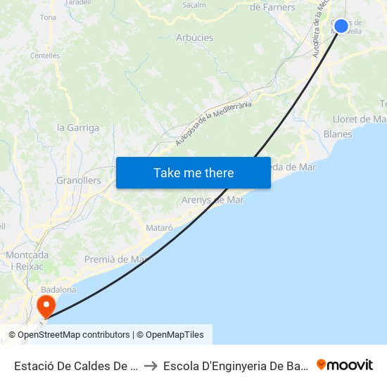 Estació De Caldes De Malavella to Escola D'Enginyeria De Barcelona Est map