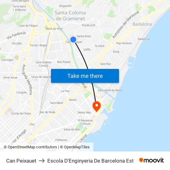 Can Peixauet to Escola D'Enginyeria De Barcelona Est map