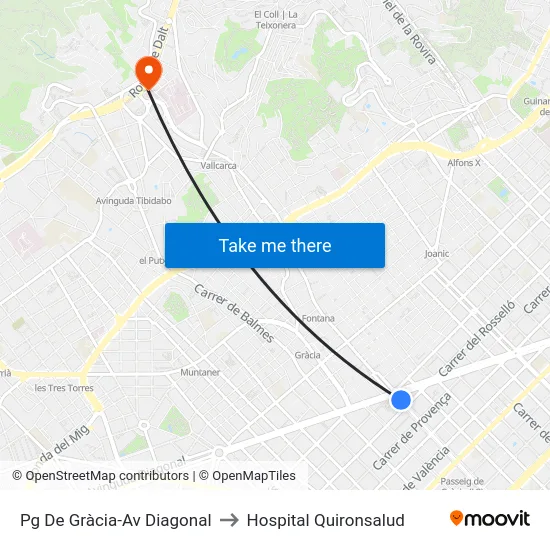 Pg De Gràcia-Av Diagonal to Hospital Quironsalud map