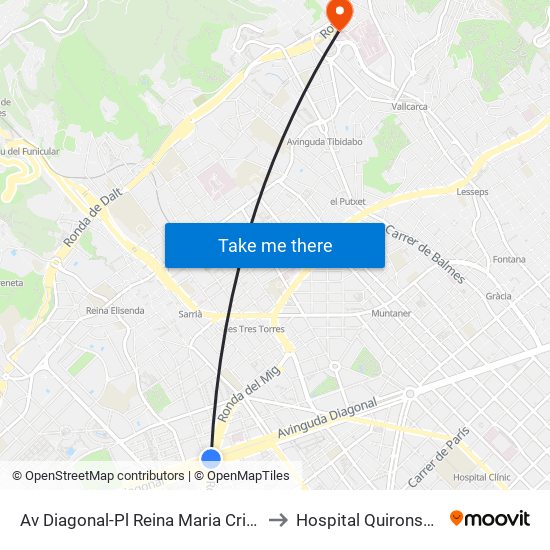 Av Diagonal-Pl Reina Maria Cristina to Hospital Quironsalud map