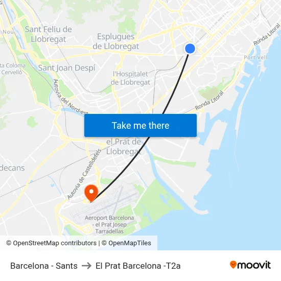 Barcelona - Sants to El Prat Barcelona -T2a map
