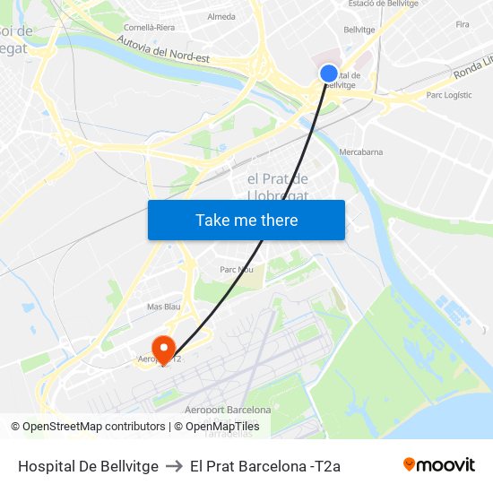 Hospital De Bellvitge to El Prat Barcelona -T2a map