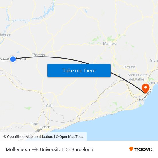 Mollerussa to Universitat De Barcelona map