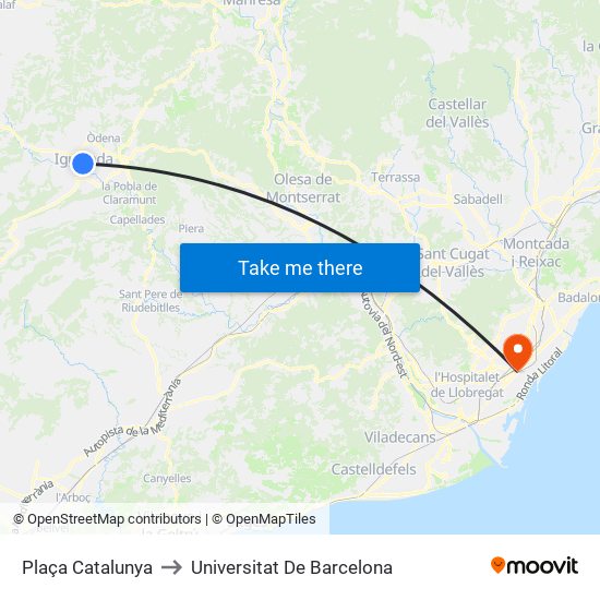 Plaça Catalunya to Universitat De Barcelona map