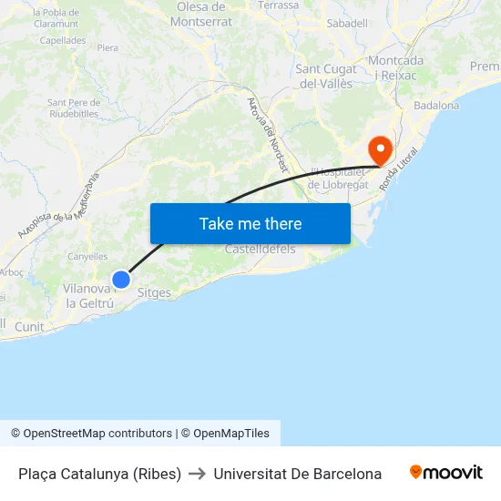 Plaça Catalunya (Ribes) to Universitat De Barcelona map