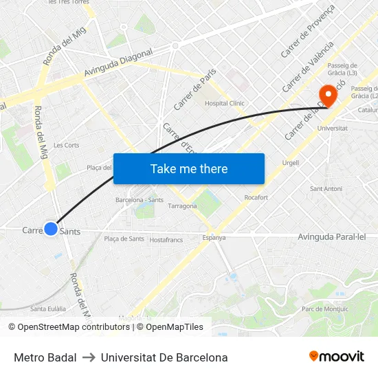 Metro Badal to Universitat De Barcelona map