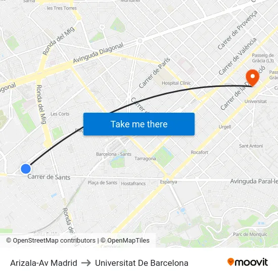 Arizala-Av Madrid to Universitat De Barcelona map