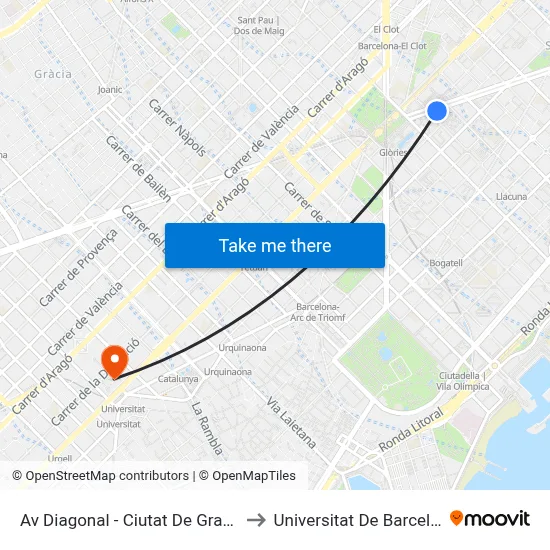 Av Diagonal - Ciutat De Granada to Universitat De Barcelona map