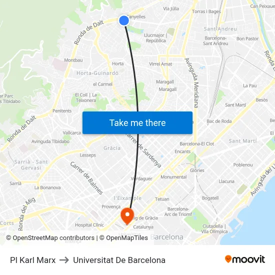 Pl Karl Marx to Universitat De Barcelona map