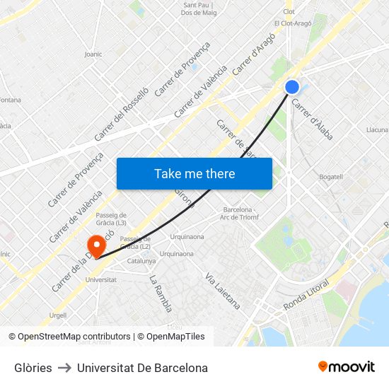 Glòries to Universitat De Barcelona map